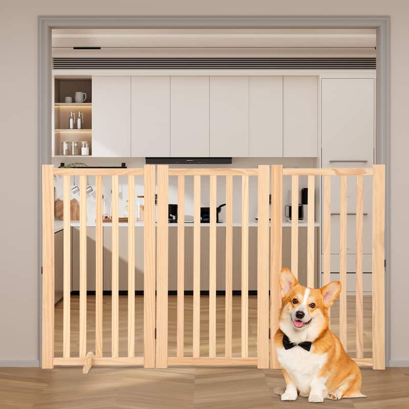 Wooden Freestanding Dog Gate, Collapsible Pet Gate with Support Feet, Indoor Dog Fence for The House,Doorways, Stairs,