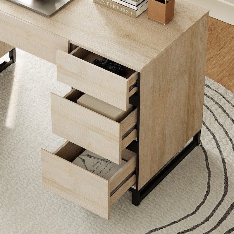 WAMPAT 59" Modern Executive Desk with Drawers & Charging Station, Wood Office Desk for Bedroom, Living Room, Home Office.