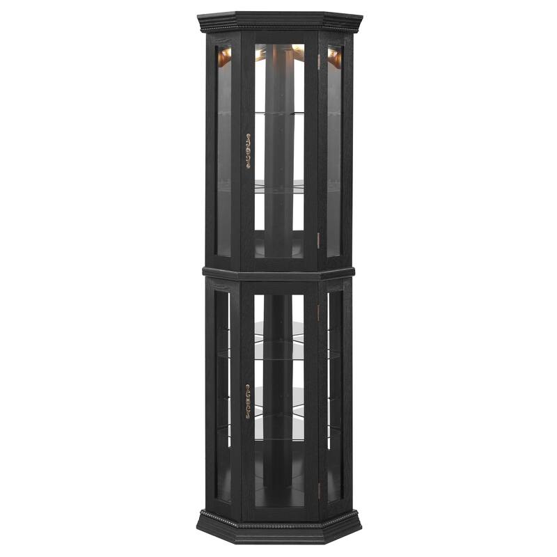 Lighted Corner Curio Cabinet with Tempered Glass Doors, Floor Standing Display Cabinet, China Cabinet with Adjustable Shelves