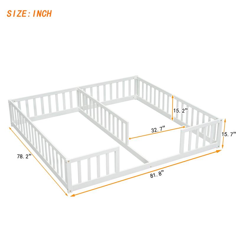 Double Twin Floor Bed with Fence, Guardrails,Without Door
