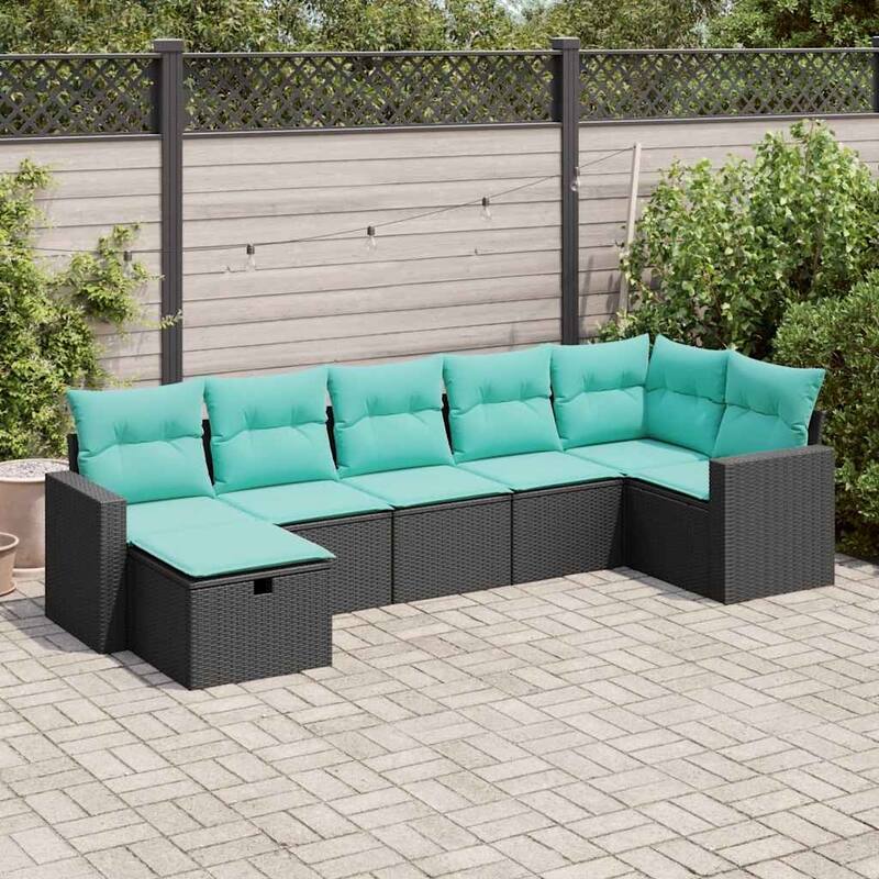 vidaXL 7 Piece Patio Sofa Set with Cushions Black Poly Rattan - 21.7 x 24.4 x 27.2 - Storage-equipped - Black, 7 pieces