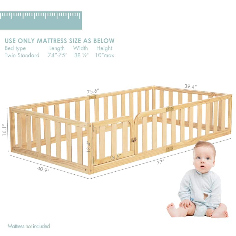 COSTARS Toddler Floor Bed with Rails for Kids, Montessori Wooden Twin Bed Frame with Door, Low to Ground