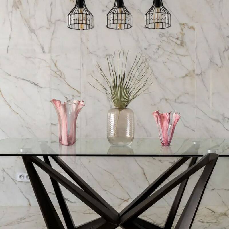 Set of Two Pink Striped Handblown Glass Vases with Scalloped Edges