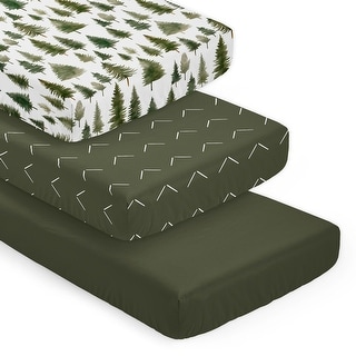 Sweet Jojo Designs Woodland Pinetrees Boy, Girl Unisex 3 Pack Fitted Crib Sheets -Green/White Arrow, Solid Hunter & Forest Theme