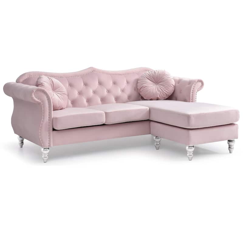 Tufted Velvet Chesterfield Sectional Sofa with Throw Pillows - 81" - Pink