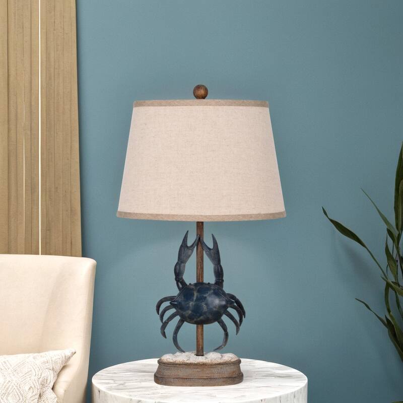 Polyresin 25" Table Lamp with Linen Shade, Blue & Brown