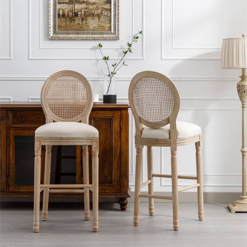 Wooden Barstools Rattan Back Set of 2 - Cream