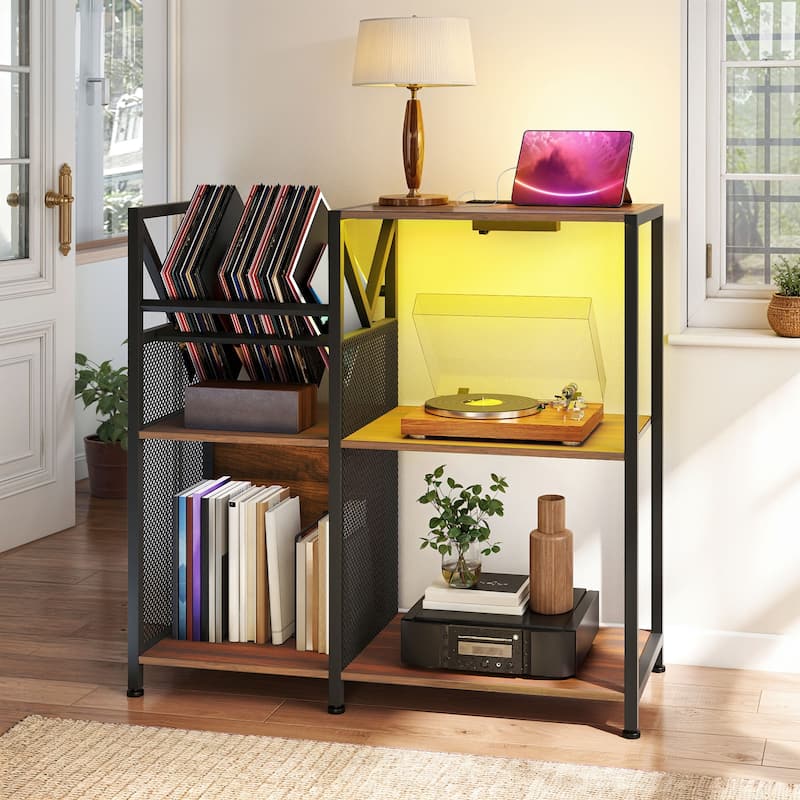 3 Tier Record Player Stand DVD/ CD Media Storage Cabinet with Power Outlets - Brown