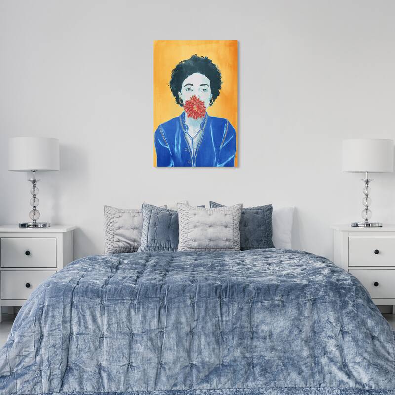 Wynwood Studio Canvas Floral and Botanical Silence with a Flower Golden Blue and Modern & Contemporary Wall Art Canvas Print - 36 x 24