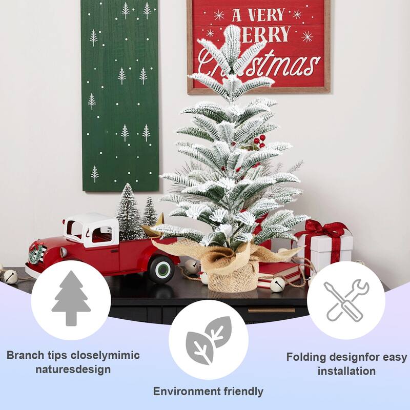50CM Flocked Tabletop Christmas Tree, Full PE Snowy Mini Tree with 85 Tips,Cement Burlap Base