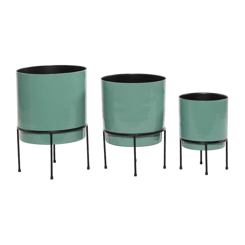 Metal Indoor Outdoor Planter with Removable Black Stand - Set of 3 Gray or Teal - Roche River Decor