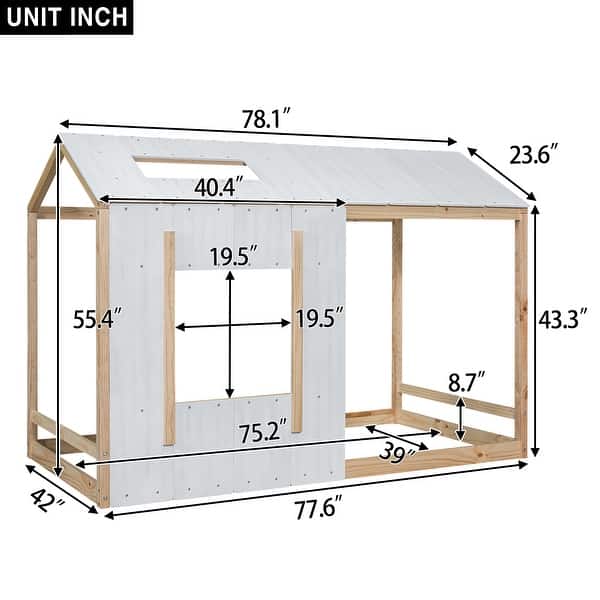 dimension image slide 0 of 2, Modern Twin Size House Platform Kids Bed with Roof and Window, Solid Pine Wood Frame, Easy Assembly, White+Antique Grey