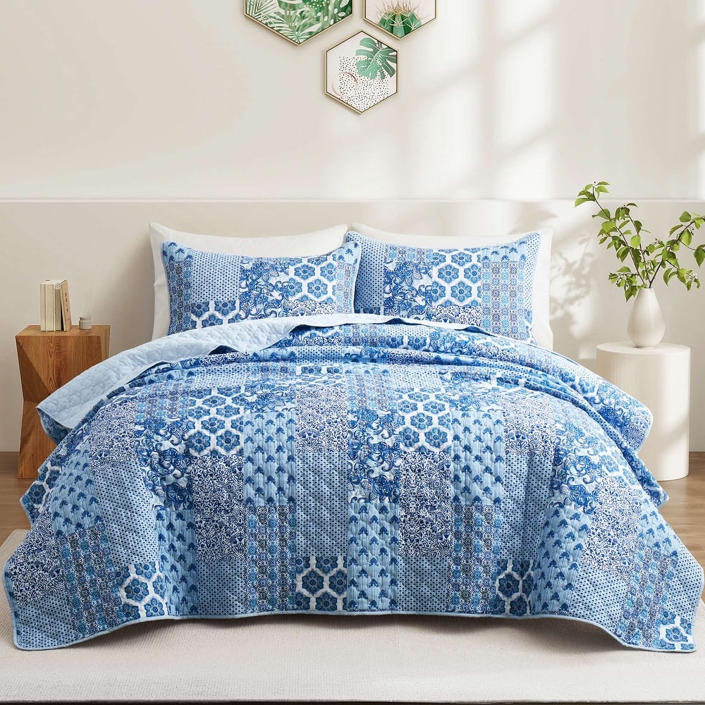 3 PCS Printed Coverlet Set Floral Geometric Bedspread Reversible Quilt and Shams Set