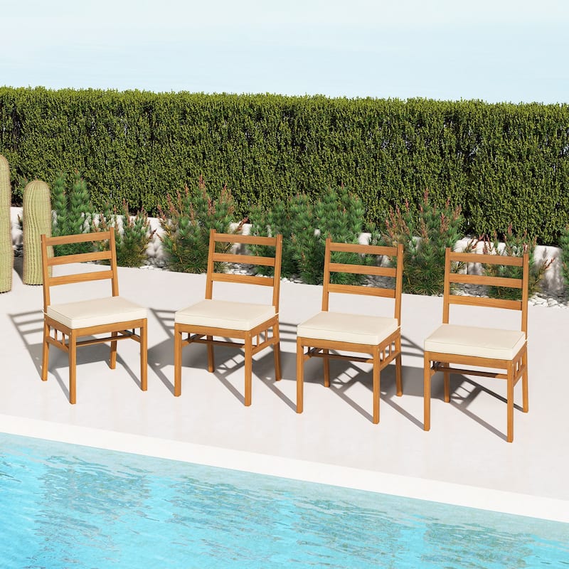 Natural Off-White Acacia Wood Dining Chairs Set of 4 with Cushions - 18” x 21.5” x 34” (L x W x H)