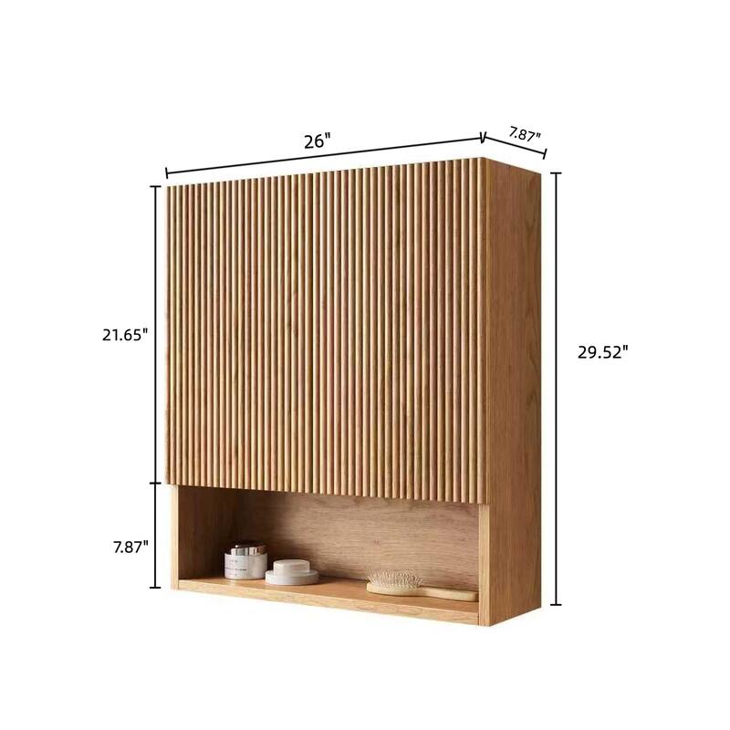 GDFStudio - Tobi 26" Wall-Mounted Striped Bathroom Cabinet with Doors, Shelf, Natural Woodgrain Color