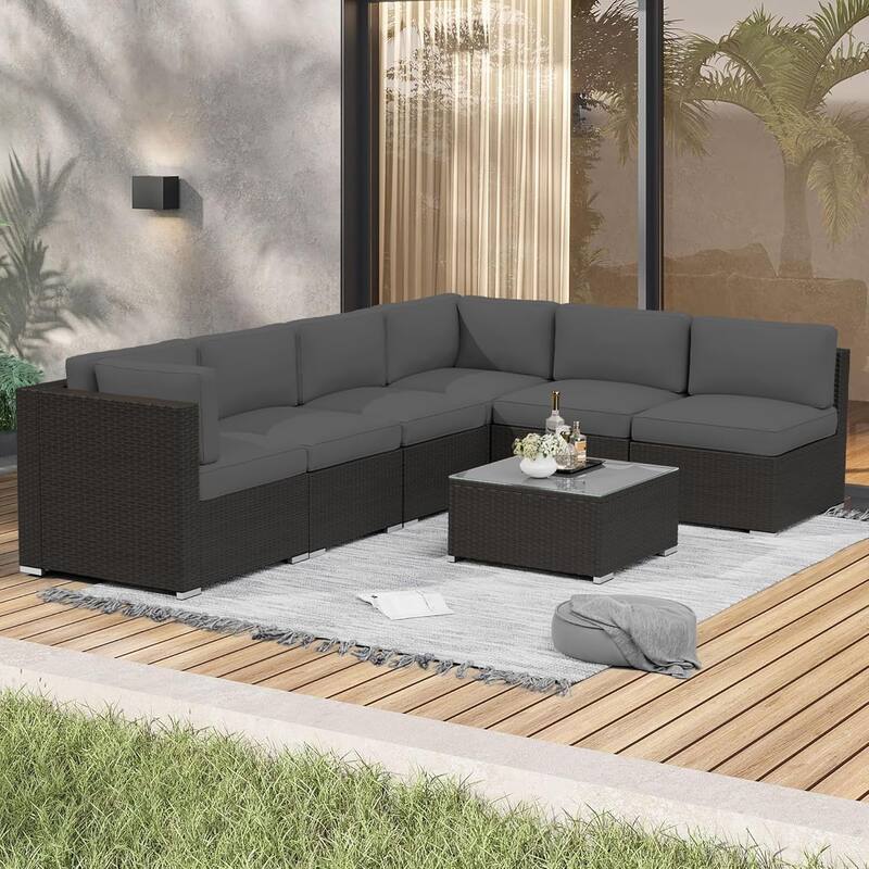 7 Piece Outdoor Patio Furniture Set Grey/Black Wicker Conversation Sectional Sofa Set with Coffee Table and Cushions
