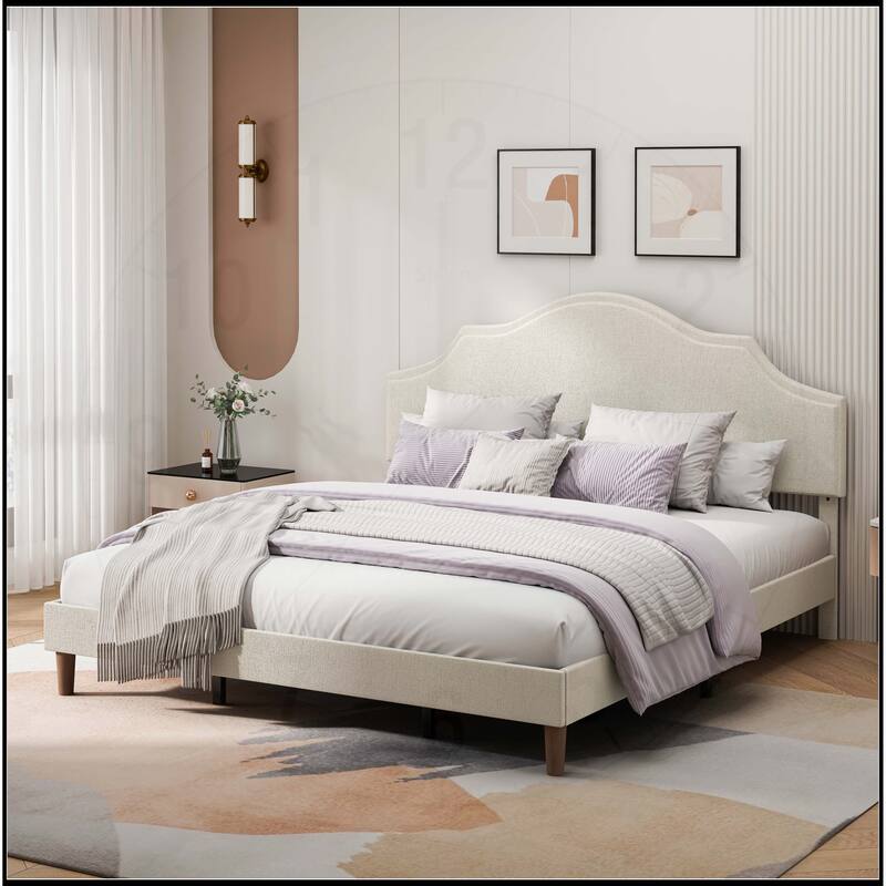 Linen Fabric Padded Platform Bed with Adjustable Headboard