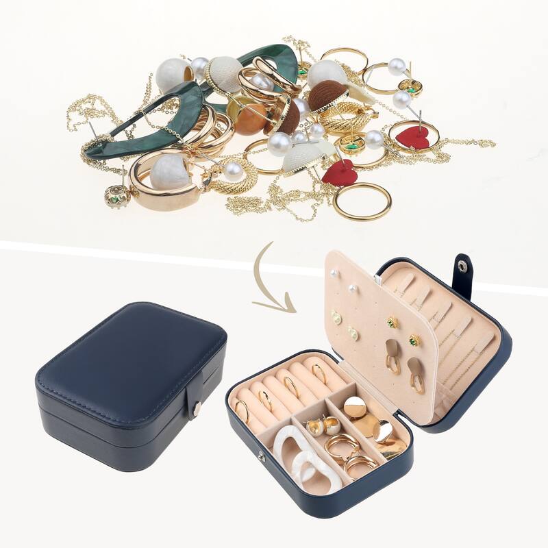 Travel Jewelry Box for Women Gifts, Portable PU Leather Jewelry Organizer Storage Display Holder for Earring Necklace - Navy Blue