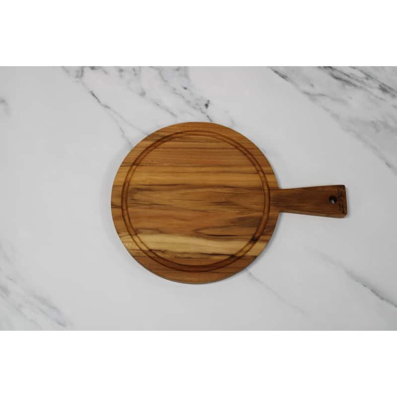 EcoDecors Round Teak Cutting Board 14" with Handle, FSC Certified Wood, Carving Board for Kitchen & Prep