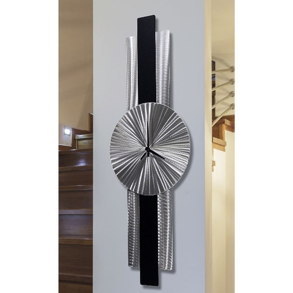 Statements2000 Metal Wall Clock Art Modern Silver Black Decor by Jon Allen - Infinite Orbit - 32" x 9". Opens flyout.