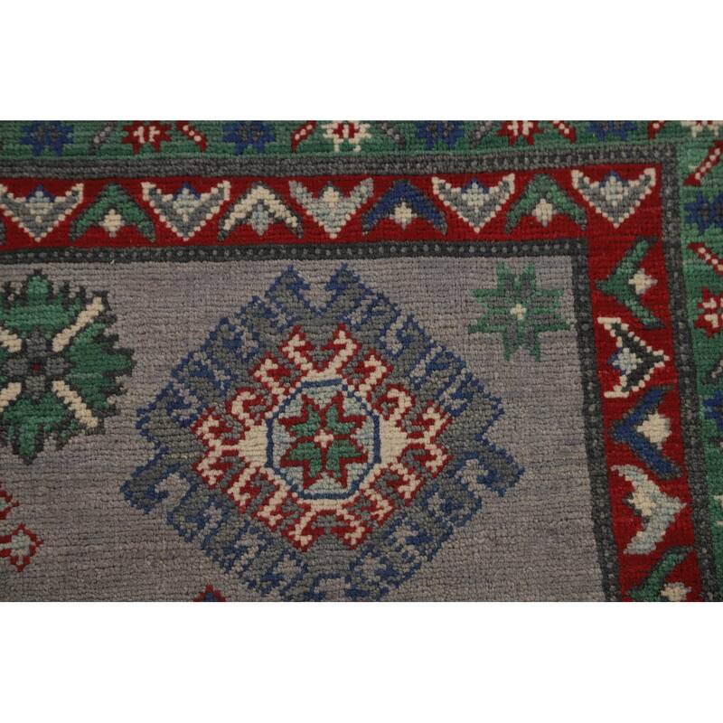 Geometric Kazak Area Rug Handmade Oriental Grey Wool Carpet - 5'6" x 7'9"