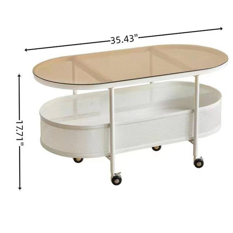 Movable Oval Metal Glass Coffee Table with Storage