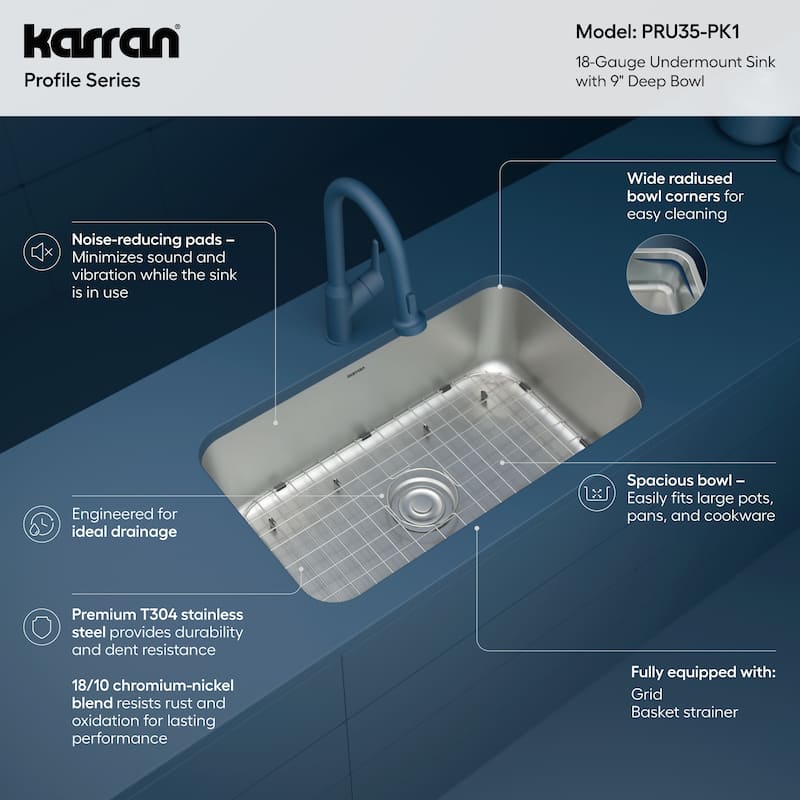 Karran Profile 30” Undermount 18 Gauge Single Bowl Stainless Steel Kitchen Sink with Accessories