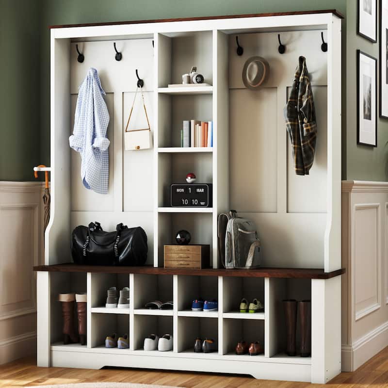 Moasis Farmhouse Hall Tree with Bench and Shoe Storage with 10 Hooks for Entryway - 59 Inch - Walnut/White