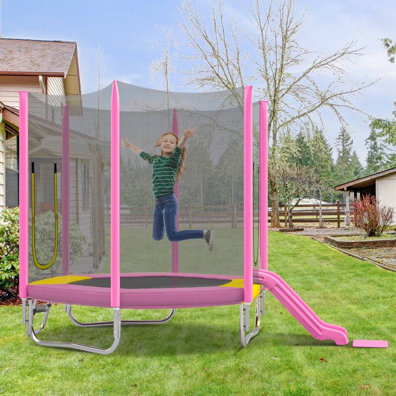 7FT Trampoline with Safety Enclosure Net, Slide and Ladder, Easy Assembly ,Regular Hexagon Outdoor Recreational Trampoline - Pink