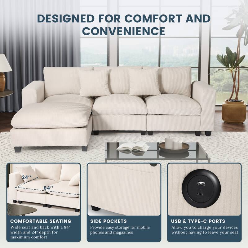 Hamilton 4-Piece Corduroy Upholstered Modular Sectional with USB Port