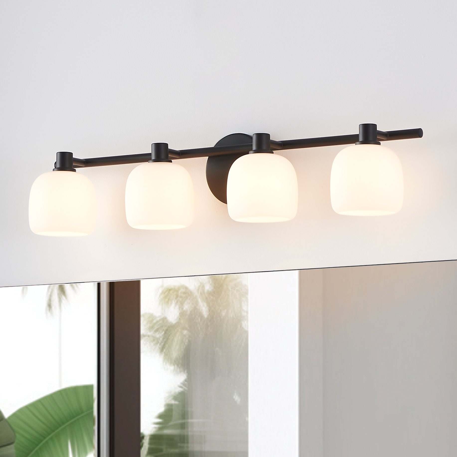 Thesis Valentina 30-inch 4-light Matte Black Vanity Light with Etched Opal Glass Shades