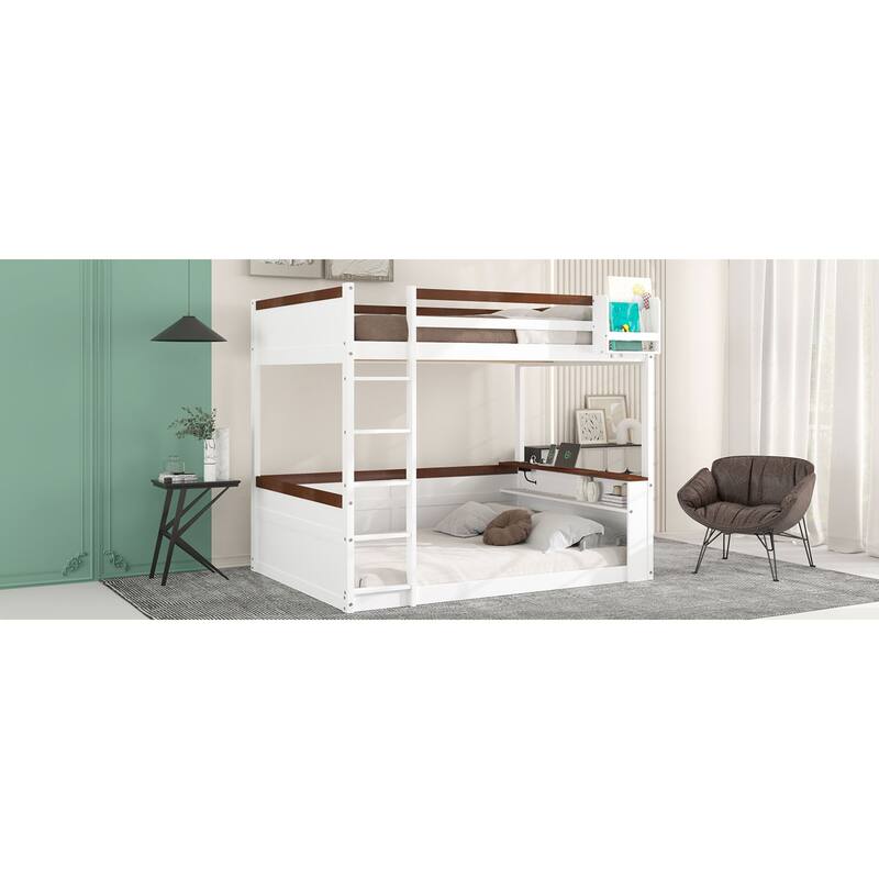 Roomfitters Queen Over Queen Bunk Bed with Storage Box, LED Light and USB Charging, White