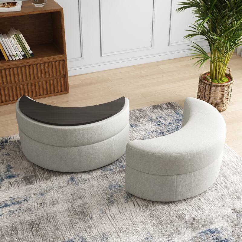 Moon Crescent Chenille Boucle Upholstered Ottoman Set of 2