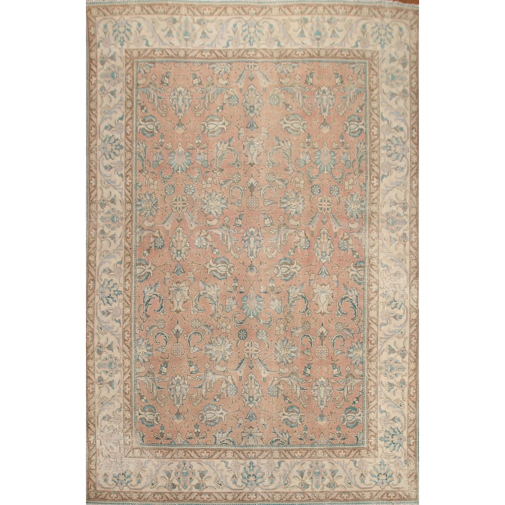 Hand Knotted Oriental 100% Wool Carpet Traditional All-Over Pink Tabriz Area Rug - 12' 4'' X 9' 2''