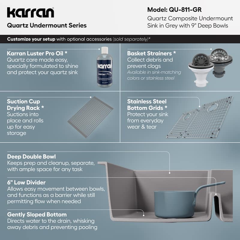 Karran Undermount Large/Small Bowl Quartz Kitchen Sink - 32" x 21.25" x 9" - 32" x 21.25" x 9"