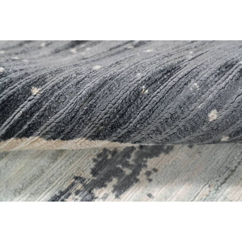 Hand Knotted Oriental Viscose Silk Carpet Modern Pictorial Greys & Charcoal Abstract Area Rug - 6' 6'' X 4' 5''