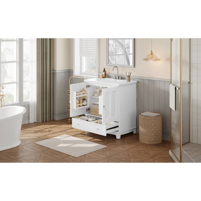 Bathroom Vanity with Ceramic Sink, Bathroom Sink Cabinet with Adjustable Shelf & Drawer Divider, Wooden Bathroom Storage Cabinet