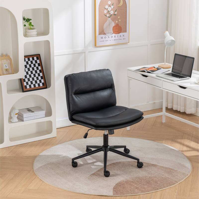 Armless Criss Cross Office Desk Chair, Vanity Chair with Wheels and Thickened Cushion, Ergonomic Adjustable Swivel Task Chair - Black