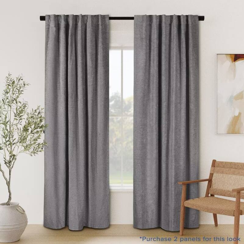 Chenille Solid Room Darkening Back Tab Curtain Panel - 52"Wx108"L - Dark Grey
