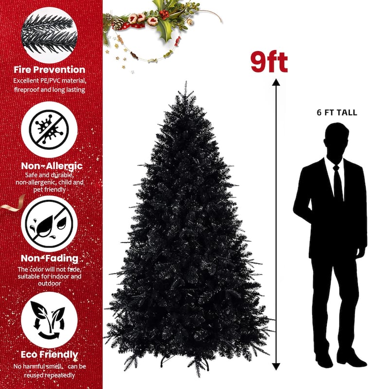 Pre-Lit Black Artificial Tree - White LED Lights, PE+PVC Branches, Halloween/Christmas