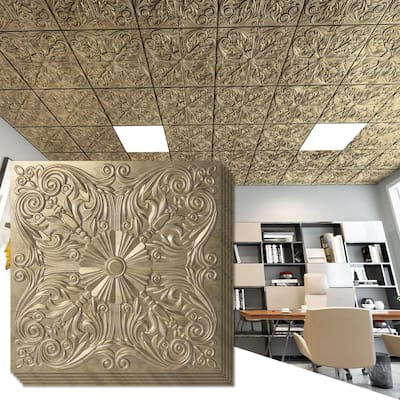 Art3d 2x2 ft. Decorative Ceiling Tiles,Spanish Floral in Antique Gold