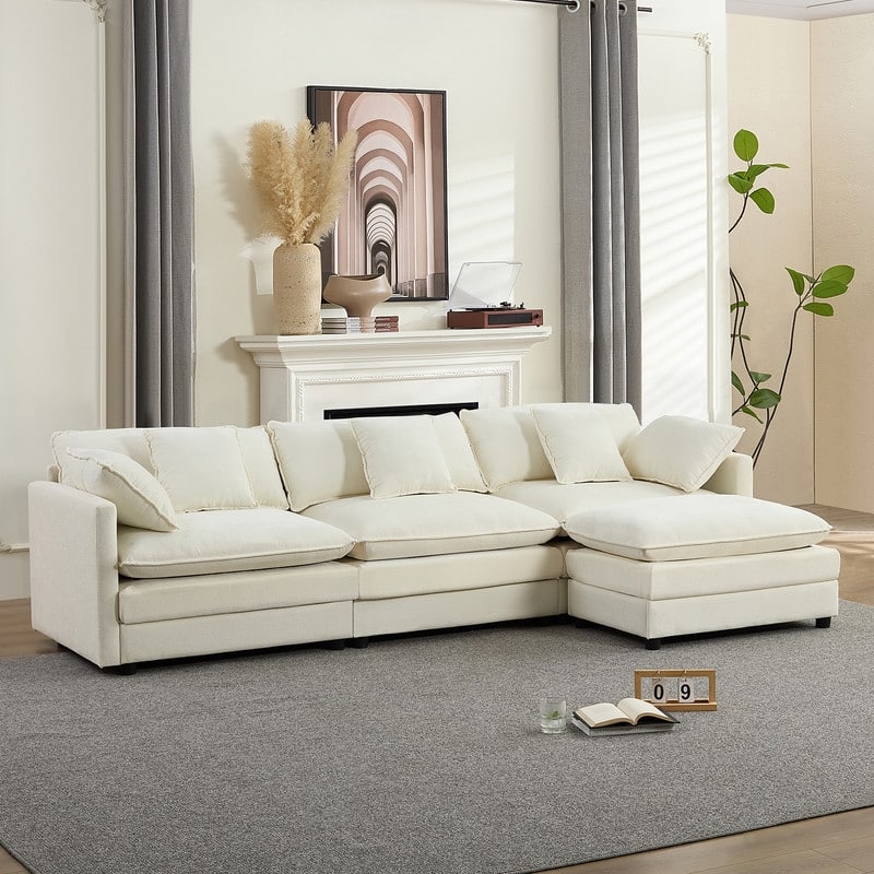 Mixoy 113''L-Shaped Modular Sectional Sofa,Modern Chenille 4-Seater Cloud Couch with Ottoman and Thickened Cushion - 3+1 - BEIGE