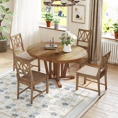 Roomfitters Rustic 5-Piece Extendable Dining Table Set with Round Trestle Table and 4 Cross Back Chairs for Kitchen, Brown