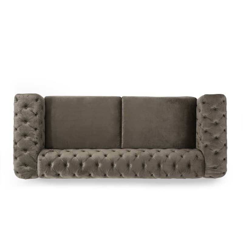 3-Seat Sofa with Tuxedo Arms, Gold Legs, Velvet Upholstery