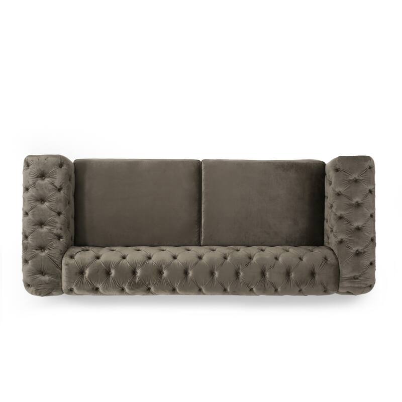 Velvet Button Tufted 3-seater Sofa with Iron Legs