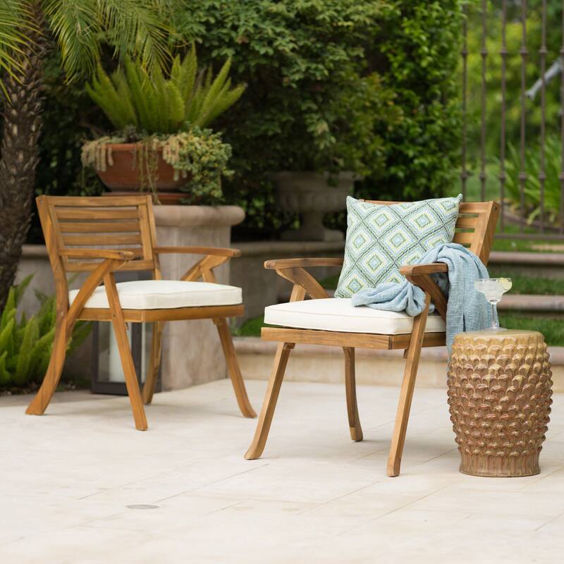 Roomfitters Outdoor Acacia Wood Dining Side Chairs with Cushions, Set of 2, Cream+Teak