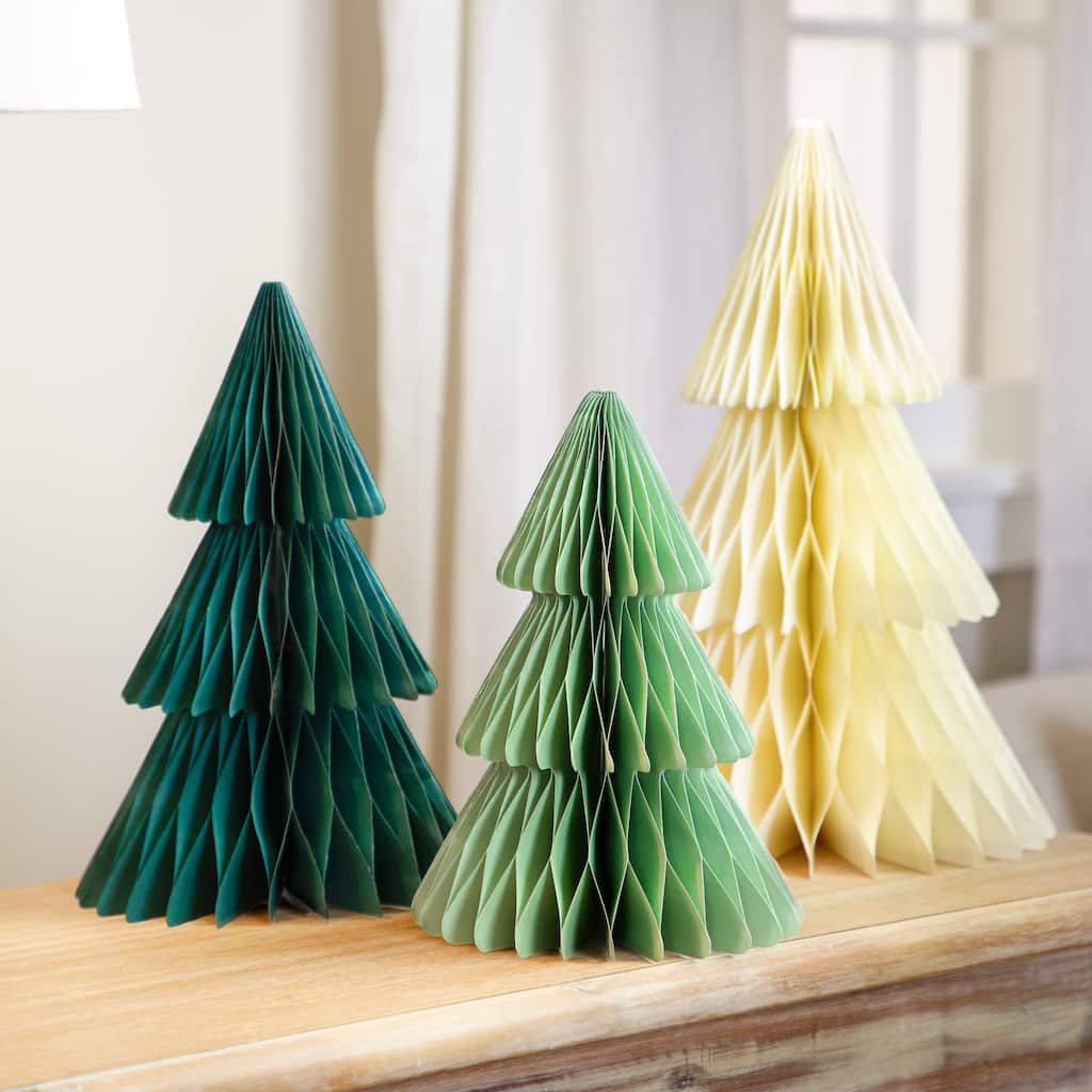 Accordion Honeycomb Foldable Paper Christmas Trees - 15" - Green and Ivory - Set of 3