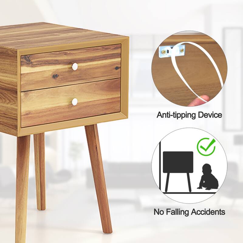 Gymax 2PCS Wooden Nightstand Mid-Century End Side Table W/2 Storage