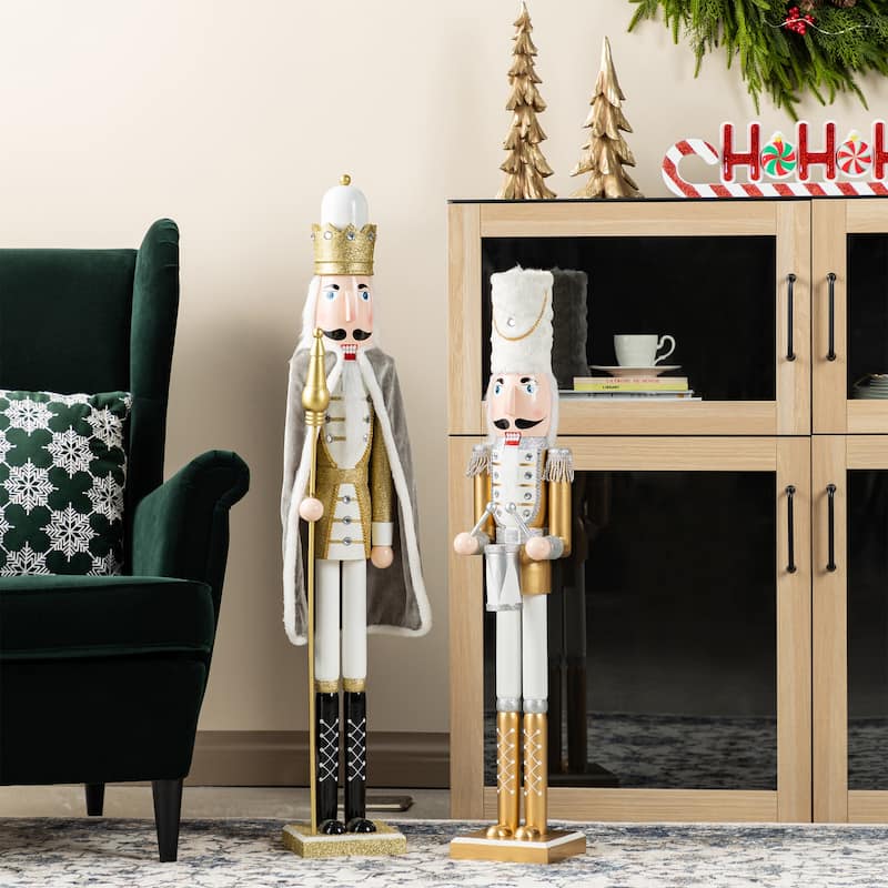 Glitzhome Set of 2 Wooden Christmas Gold Dressed King & Soldier Nutcrackers for Festive Party Fireplace Decor