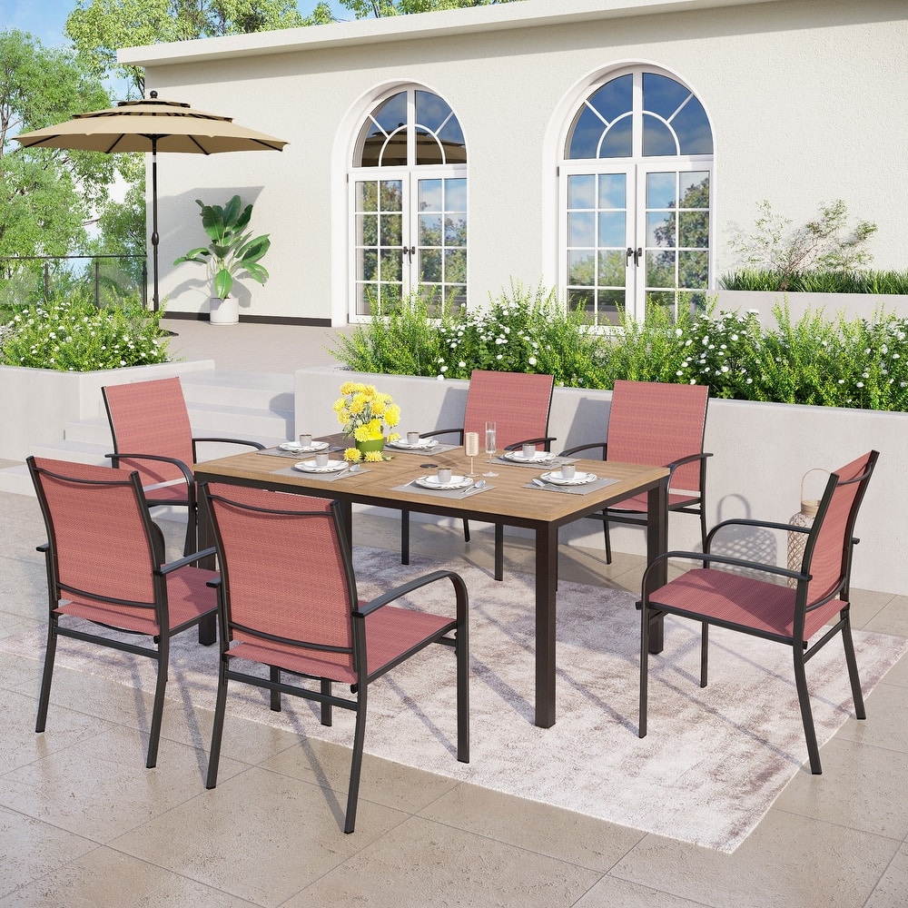 MAISON ARTS Outdoor Patio Dining Set 7 Piece Furniture Set with 6 Textilene Chairs and Metal Rectangular Brown Dining Table